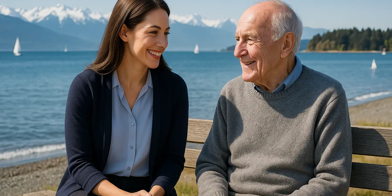 Professional caregiver providing compassionate senior care services on Colwood waterfront with mountain views