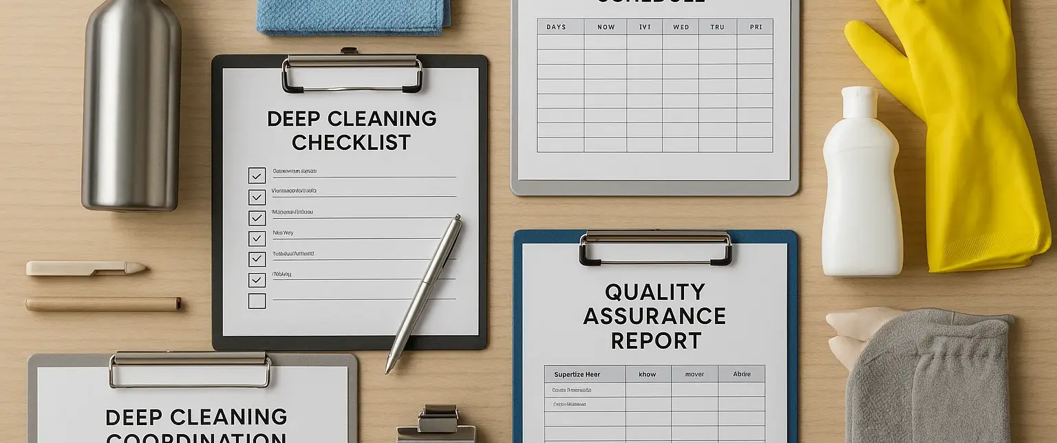 Professional deep cleaning coordination materials including checklists, schedules, and quality assurance documentation for systematic home cleaning