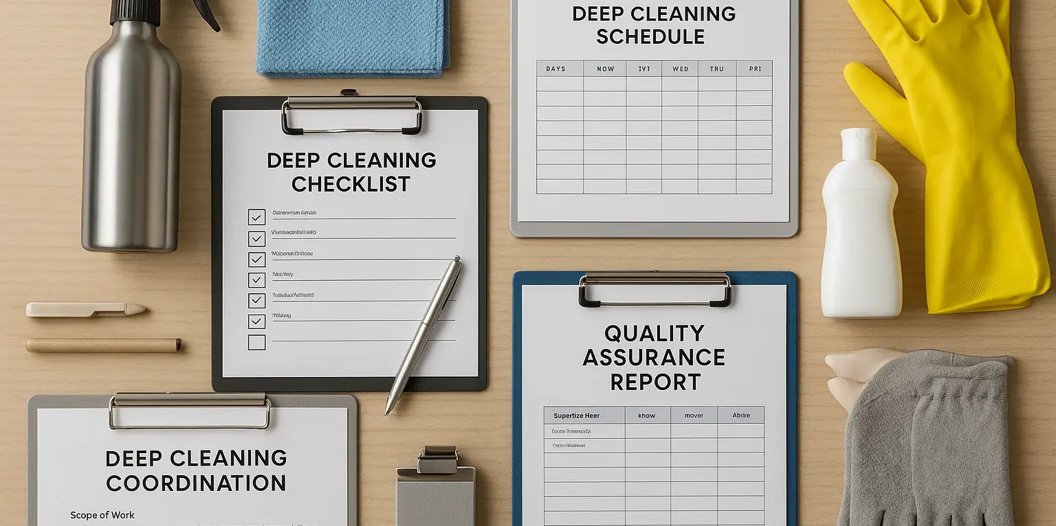 Professional deep cleaning coordination materials including checklists, schedules, and quality assurance documentation for systematic home cleaning