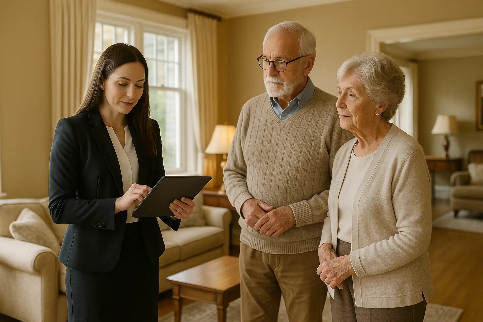 Professional conducting fall risk assessment and home safety audit with senior couple in Victoria BC home