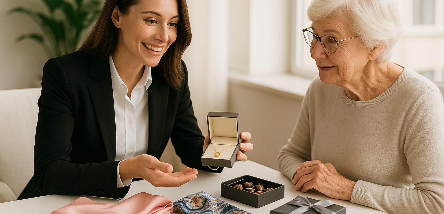 Professional gift consultant showing luxury gift selections to senior client - Personalized shopping services Victoria BC