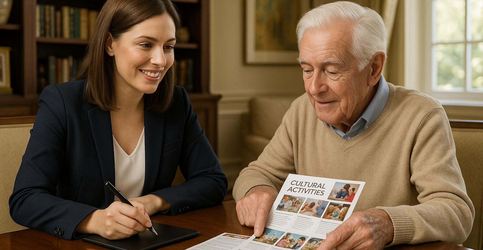 Professional Caucasian lifestyle coordinator reviewing cultural activities calendar with Caucasian senior client in Victoria BC home