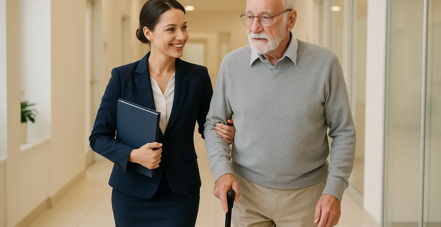 Professional personal assistant accompanying elderly senior man to medical appointment in Victoria BC clinic hallway