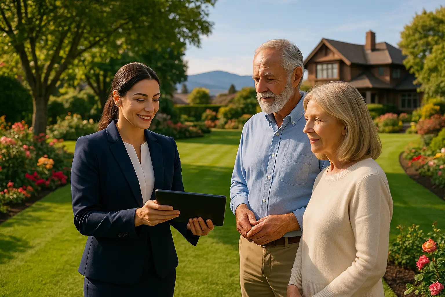 Professional property and landscape management coordinator consulting with senior couple in beautiful Victoria BC garden with mountains in background" Usage: Hero section background