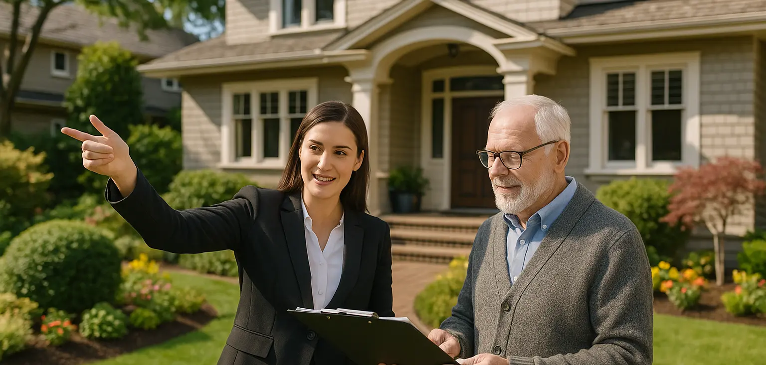 Professional property coordinator reviewing maintenance schedules with senior gentleman in front of well-maintained Victoria BC residential property