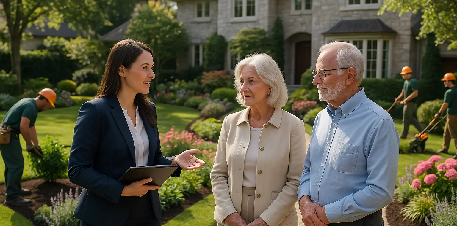 Property enhancement coordinator overseeing landscape improvement projects with senior couple while contractors work on Victoria BC residential property