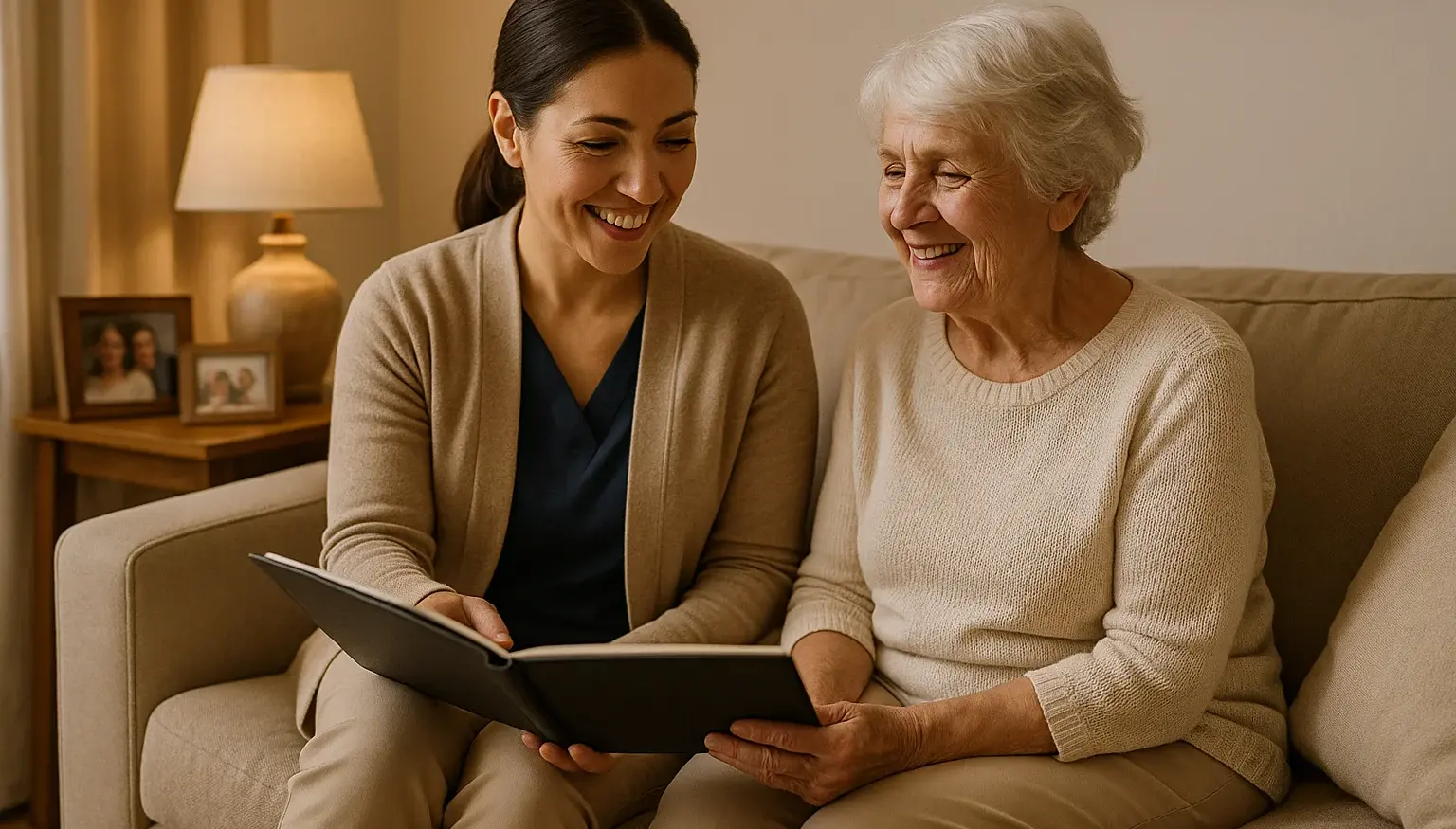 Short Term Live-In Care Victoria BC 2 Professional female caregiver providing respite care and companionship to senior woman, offering family caregiver relief in Greater Victoria BC