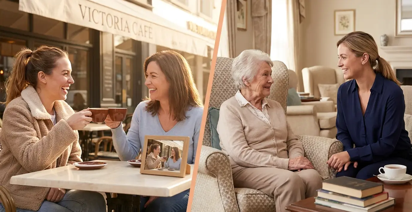 Respite care family relief Victoria BC - daughter enjoying coffee with friend while mother receives quality care at home