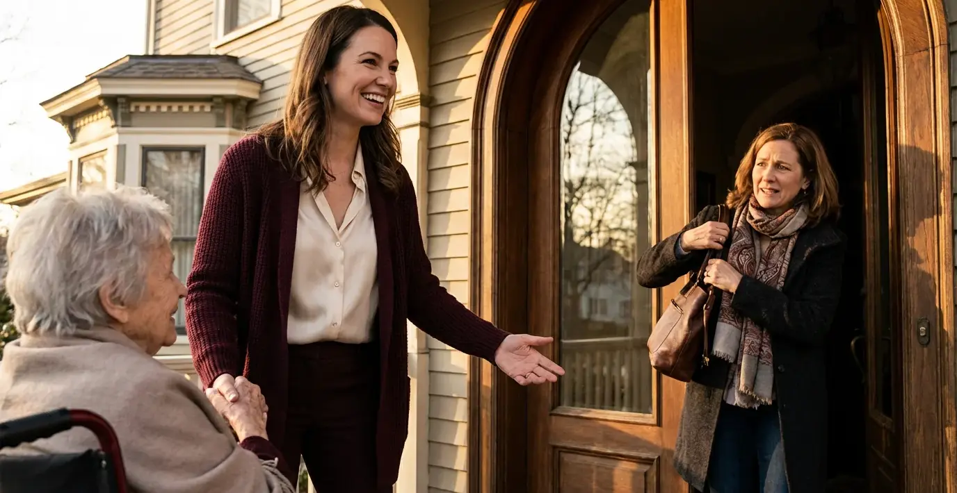 Respite care handoff Victoria BC - professional caregiver arriving as family daughter prepares to leave for break