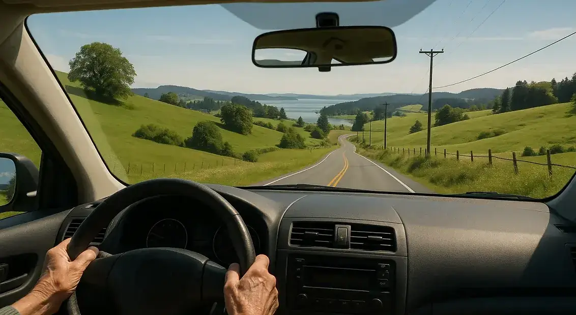 Scenic view from inside car showing winding country road through rolling green hills and water views on Saanich Peninsula - comfortable touring and cultural drives for seniors Vancouver Island BC