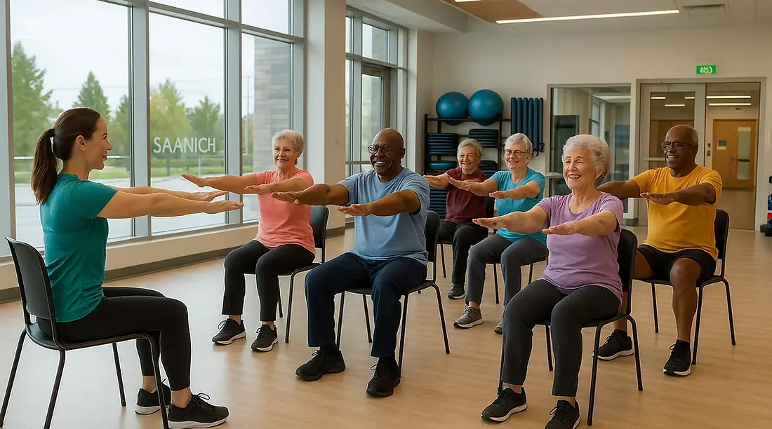 Saanich recreation center senior wellness programs - Active seniors participating in chair fitness class at modern accessible facility with natural lighting