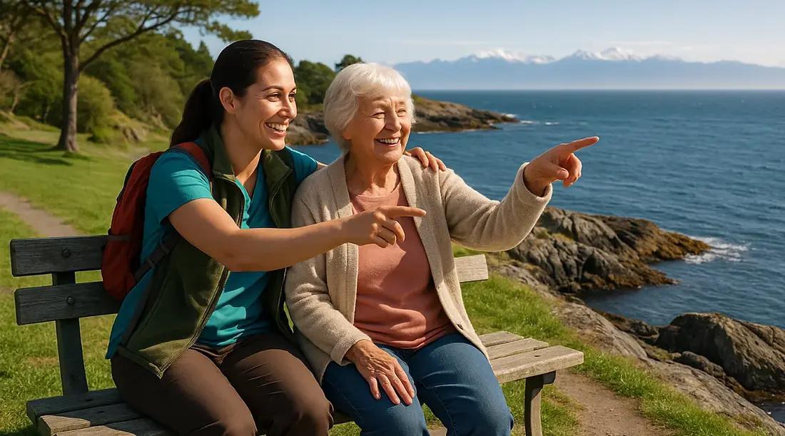 Saxe Point Park ocean views and senior outings in Esquimalt BC - caregiver and senior woman enjoying spectacular Olympic Mountains views from waterfront park bench