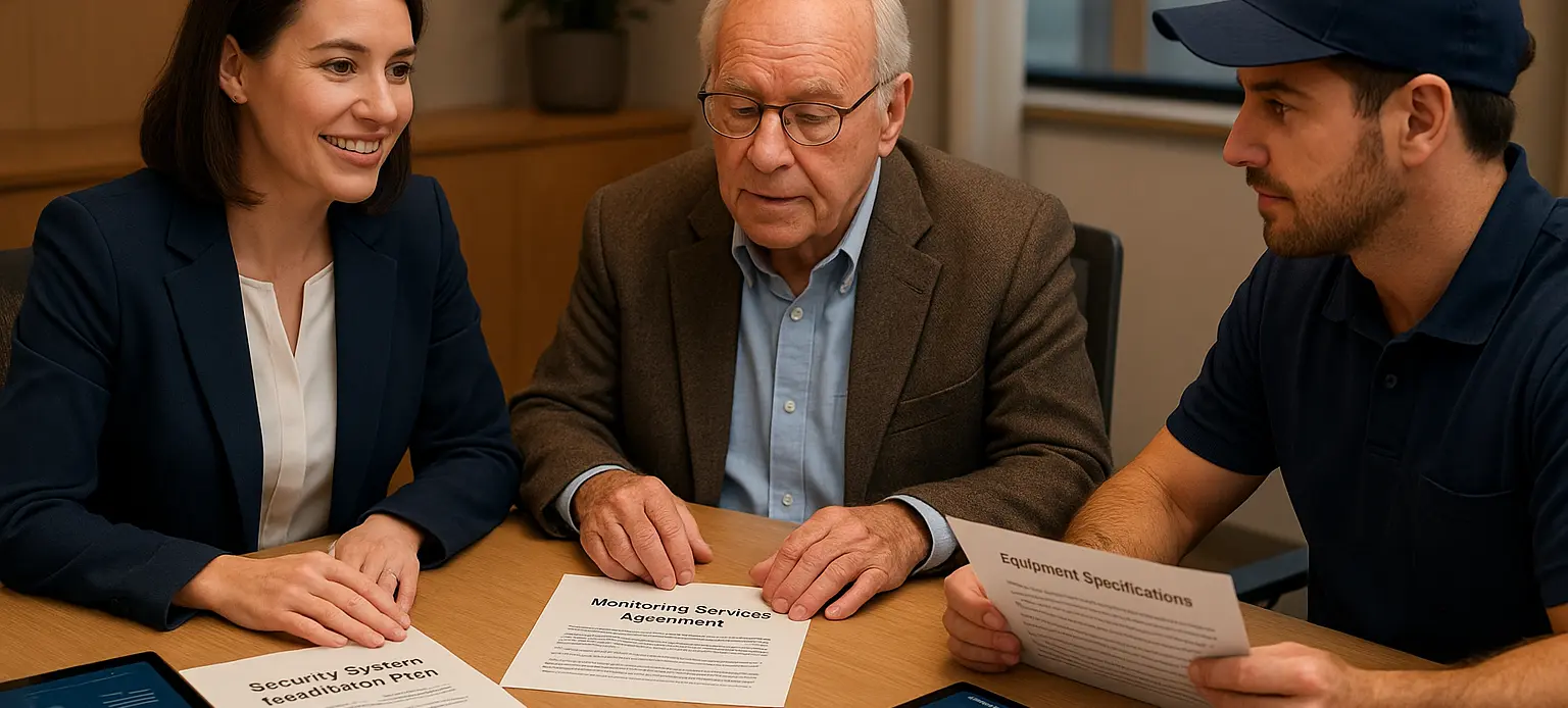 Security system installation coordination meeting Victoria - professional coordinating with senior client and technician reviewing equipment specifications" Title: "Security System Installation Coordination Victoria