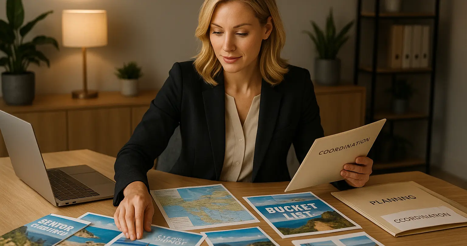 Attractive female care coordinator organizing bucket list planning materials and travel coordination documents for senior clients
