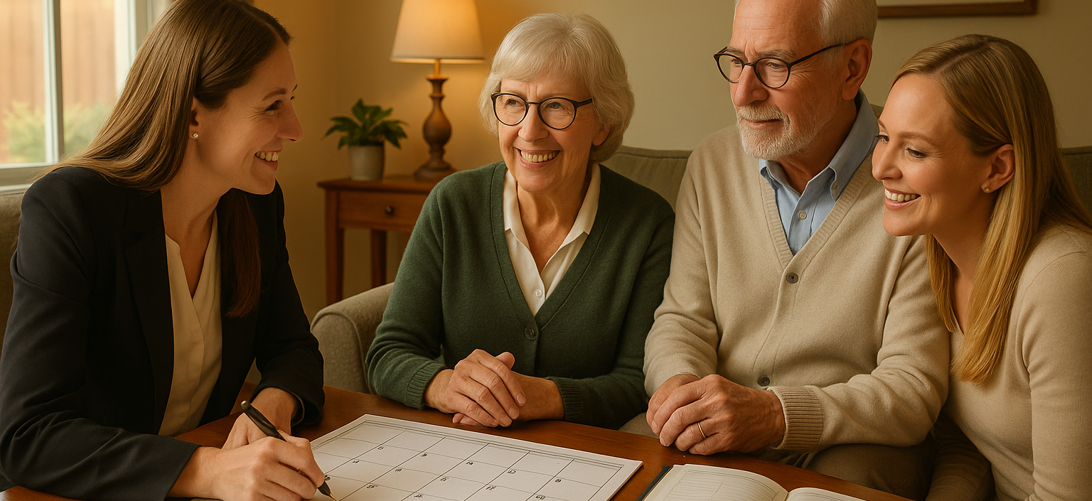 Family calendar coordination meeting with professional scheduling consultant