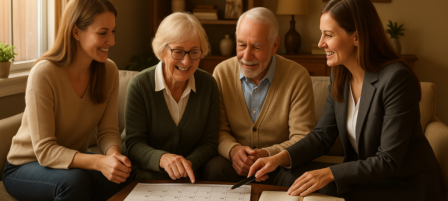 Family calendar coordination meeting with professional scheduling consultant