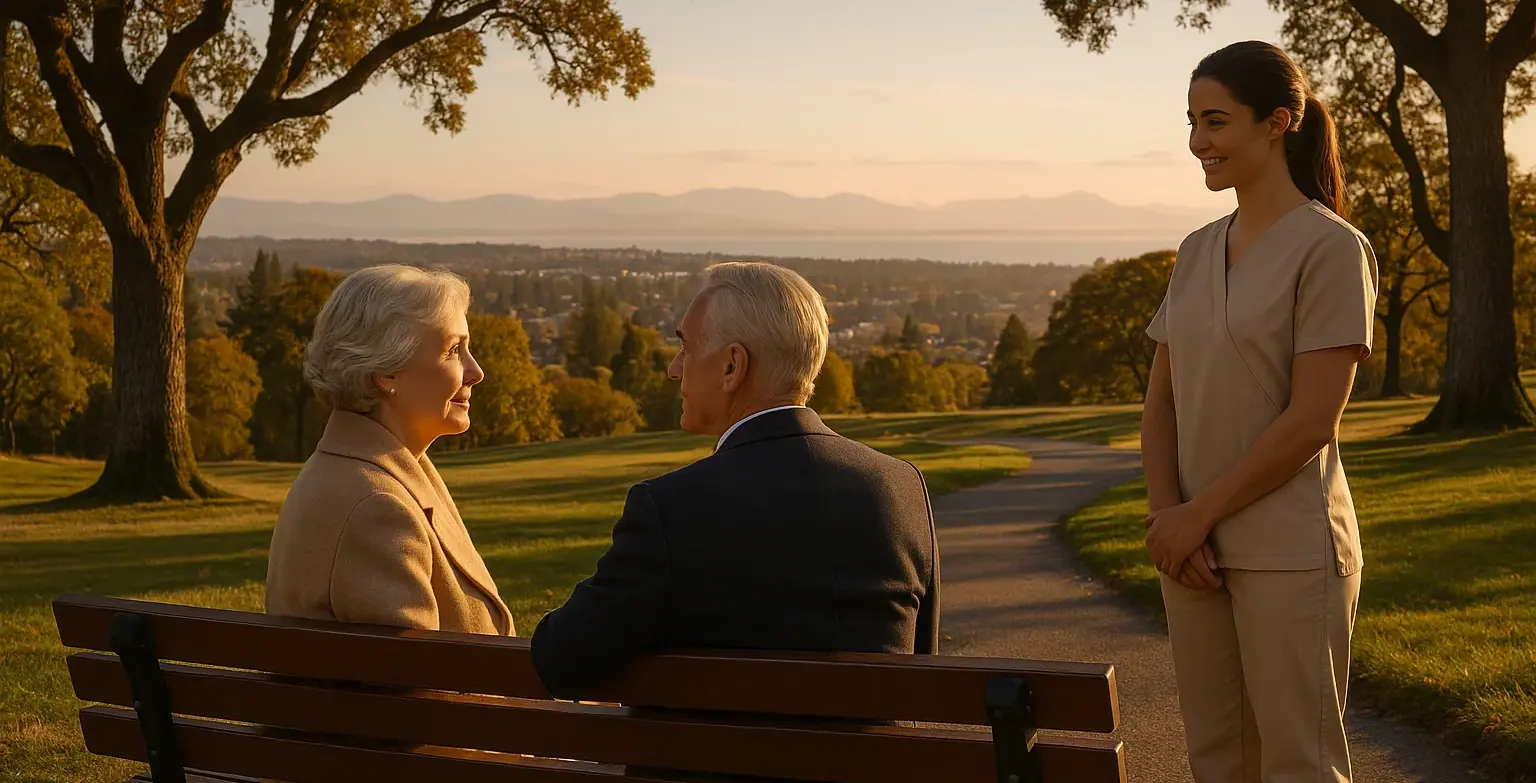 Senior care Cedar Hill Park Saanich - Professional caregiver supporting elderly couple enjoying outdoor activities in scenic park setting