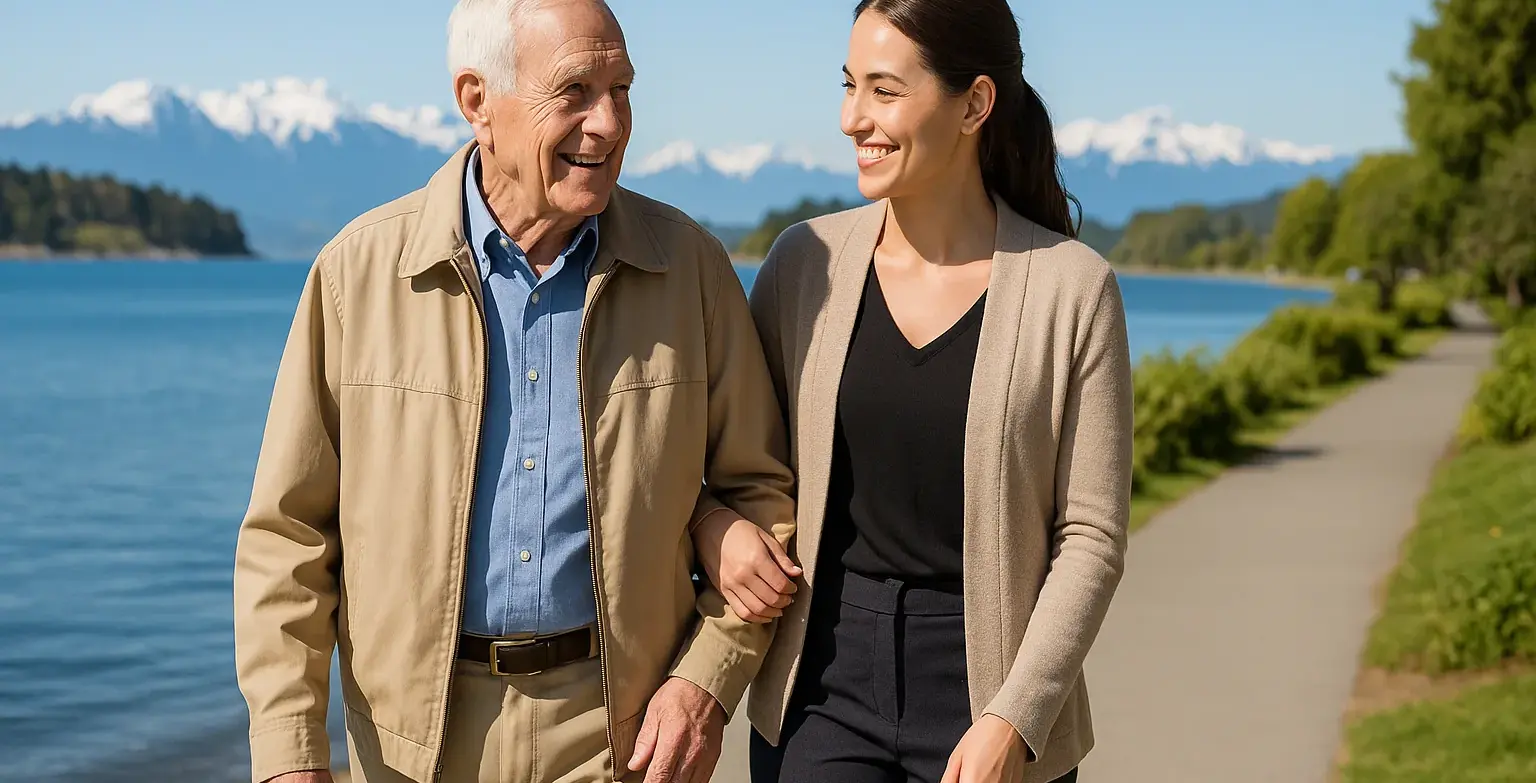 Senior and caregiver walking along Esquimalt Lagoon waterfront trail in Colwood BC with mountain scenery