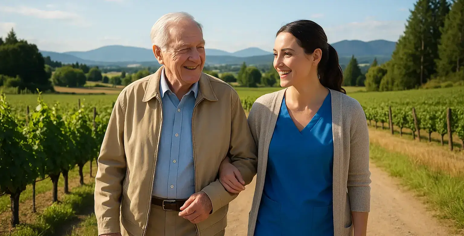 Senior man and professional caregiver enjoying outdoor walk in Cobble Hill countryside, active aging with home care support