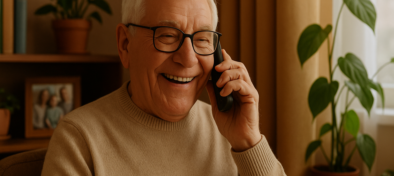 Happy senior gentleman receiving companionship phone call at home in British Columbia
