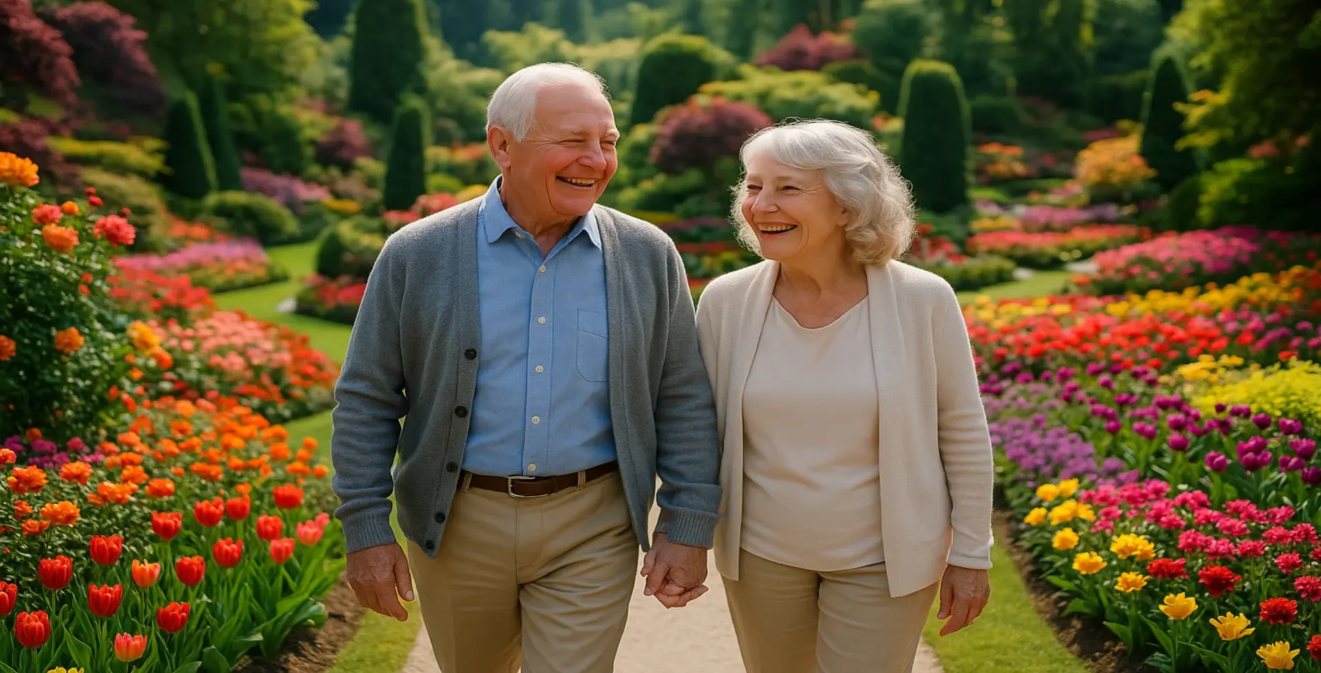Joyful senior couple holding hands walking together through spectacular colorful flower gardens at world-famous Butchart Gardens Brentwood Bay BC with vibrant tulips roses and seasonal blooms - active aging lifestyle senior home care services Vancouver Island