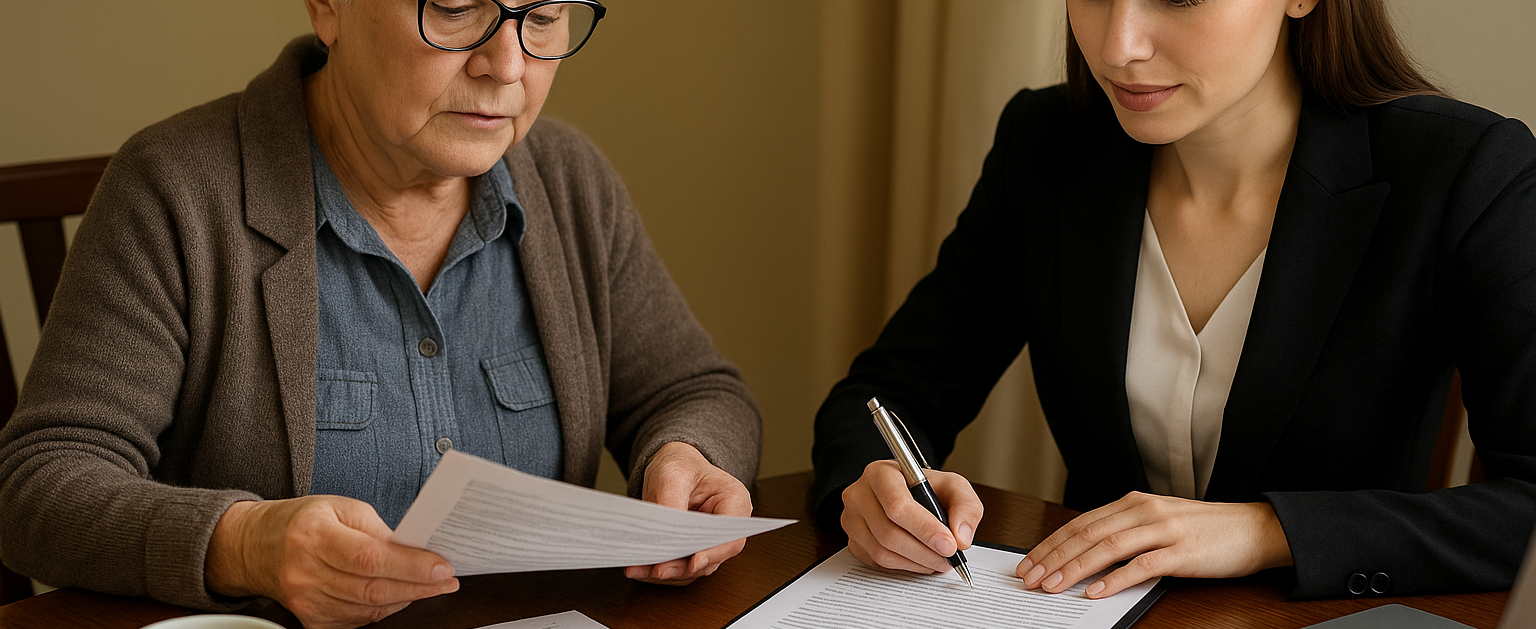 enior downsizing consultation and planning Victoria BC - Professional advisor working with elderly  client on transition documents