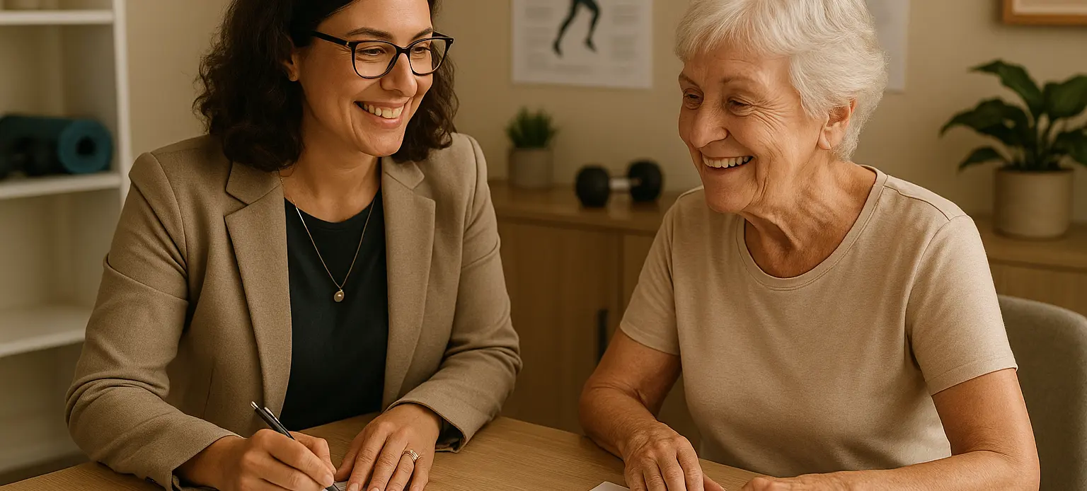 Senior exercise planning consultation Victoria BC - professional wellness coordinator reviewing personalized fitness plans with senior woman