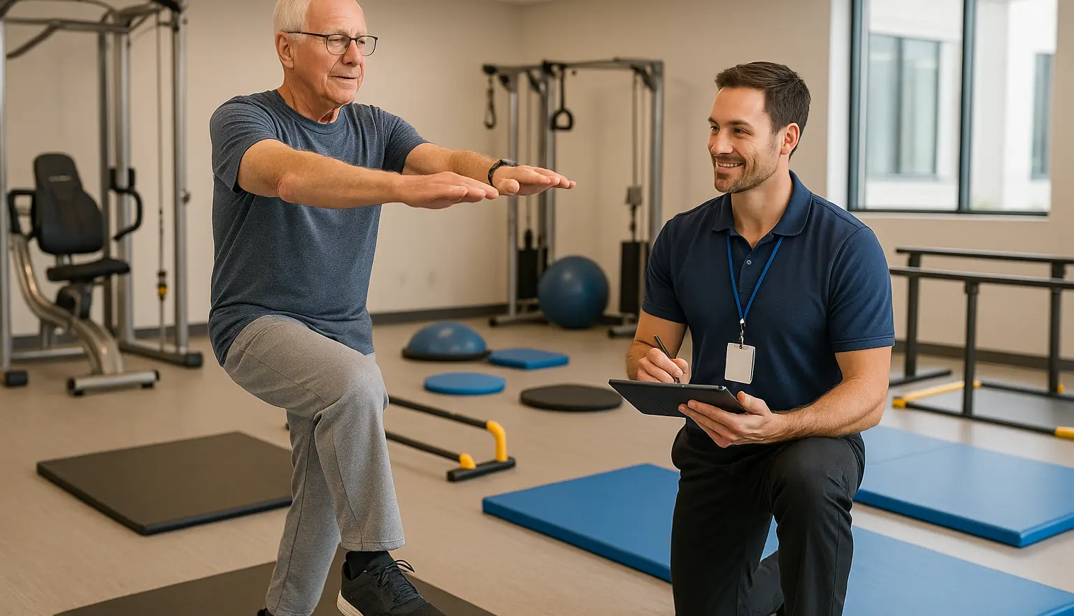 Senior fitness safety assessment BC - qualified fitness professional conducting balance and mobility evaluation with senior gentleman