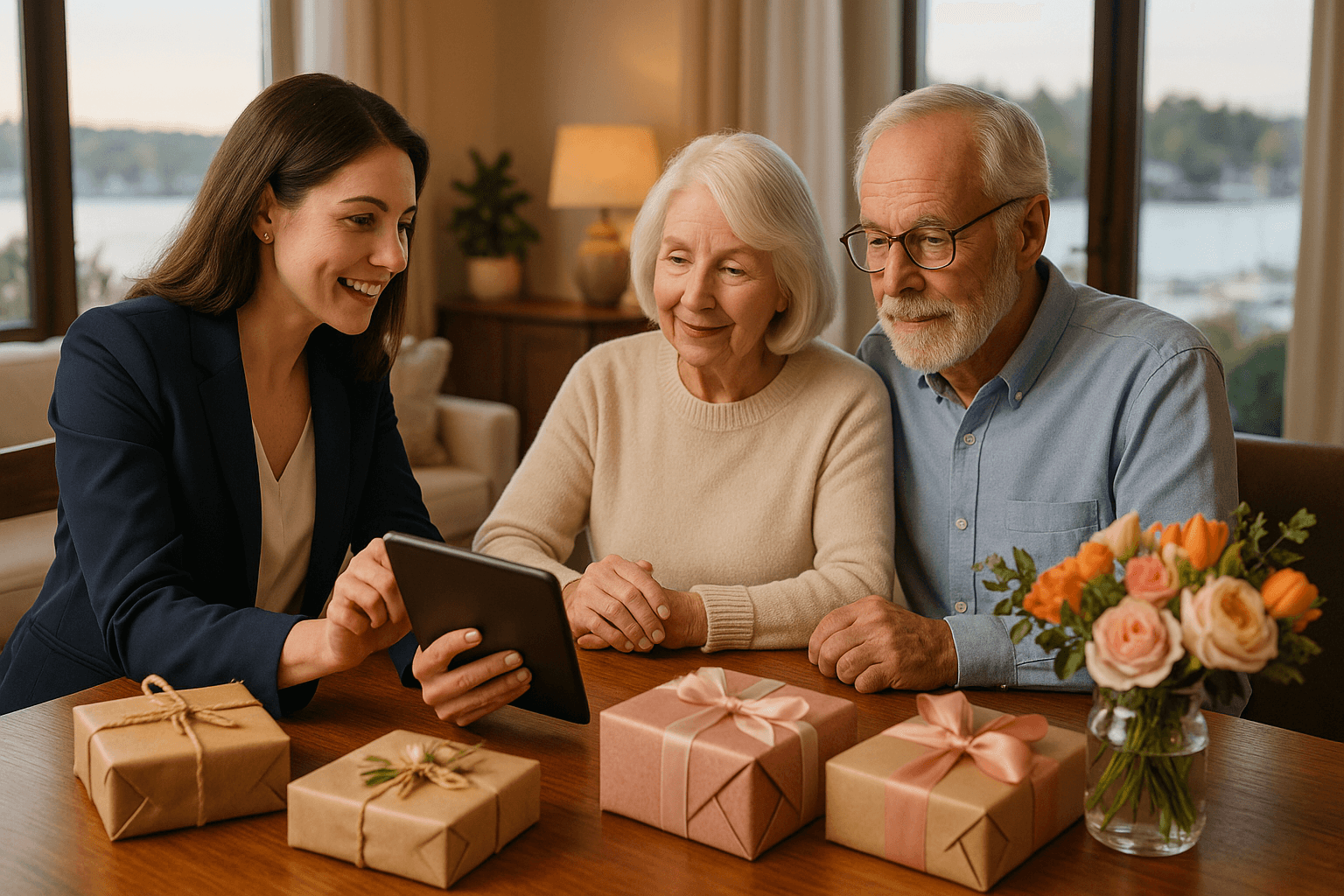 Professional gift purchasing consultant helping elderly couple select personalized gifts in Victoria BC - Senior concierge services