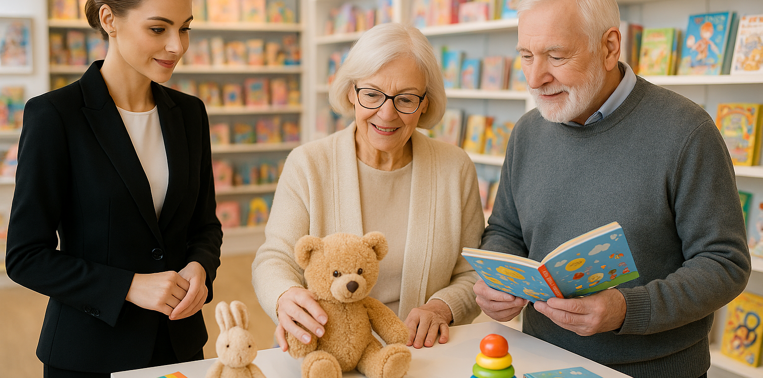 Professional gift consultant helping elderly couple select children's toys and books for grandchildren - Intergenerational gift purchasing services Victoria BC