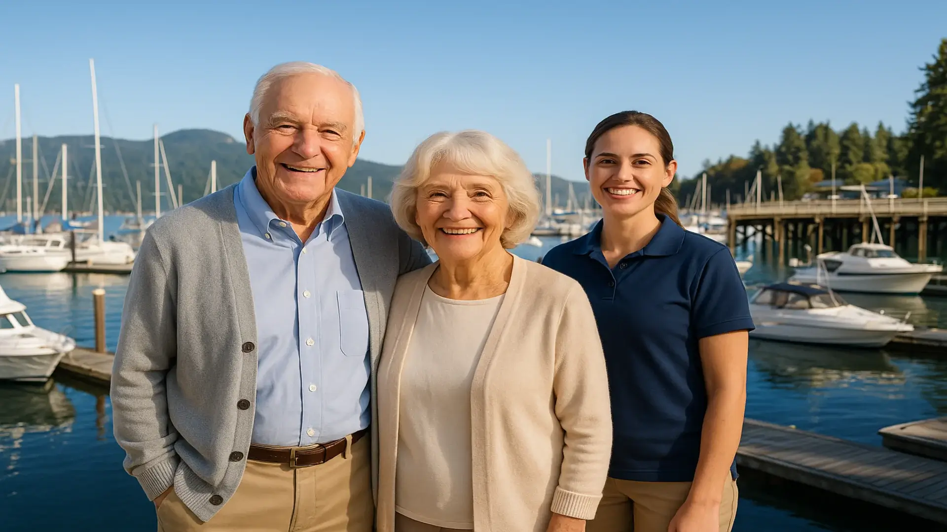 Happy senior couple and professional female caregiver standing together at Brentwood Bay marina with sailboats and motor boats moored at wooden docks, calm blue waters of Saanich Inlet, and lush green forested hills - Premium senior home care services Brentwood Bay BC near Butchart Gardens
