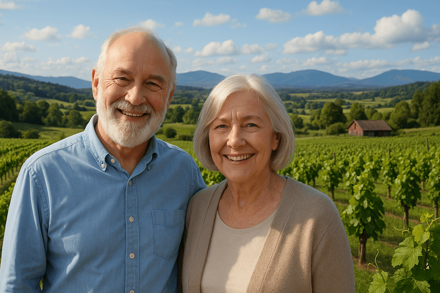 Happy senior couple enjoying the beautiful vineyards of Cobble Hill BC, representing peaceful senior living with home care support