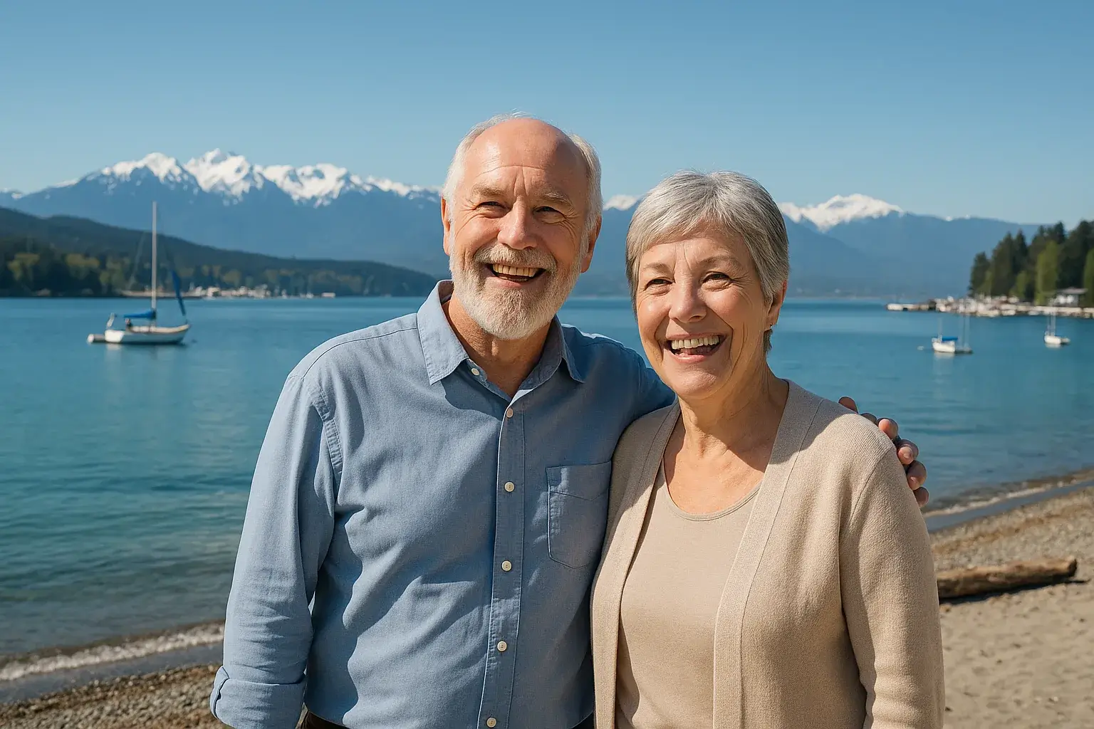 Senior couple enjoying waterfront views at Esquimalt Lagoon in Colwood BC with Executive Home Care services