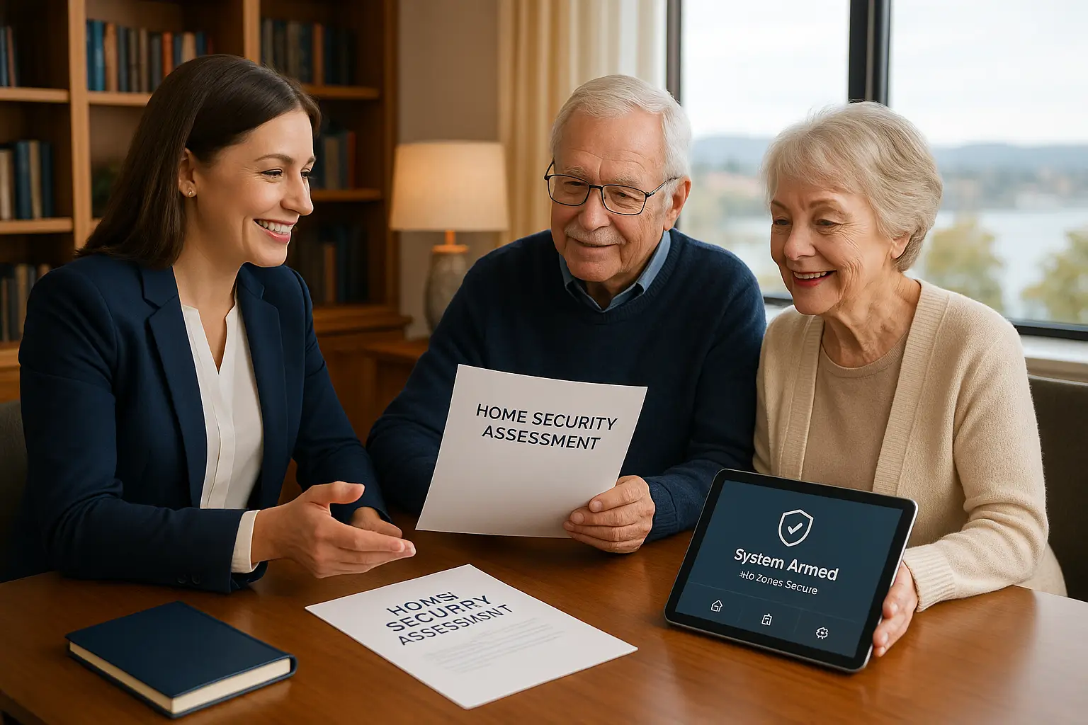 professional senior home security coordination consultation in Victoria BC - care coordinator reviewing security assessment with elderly couple using tablet and documents