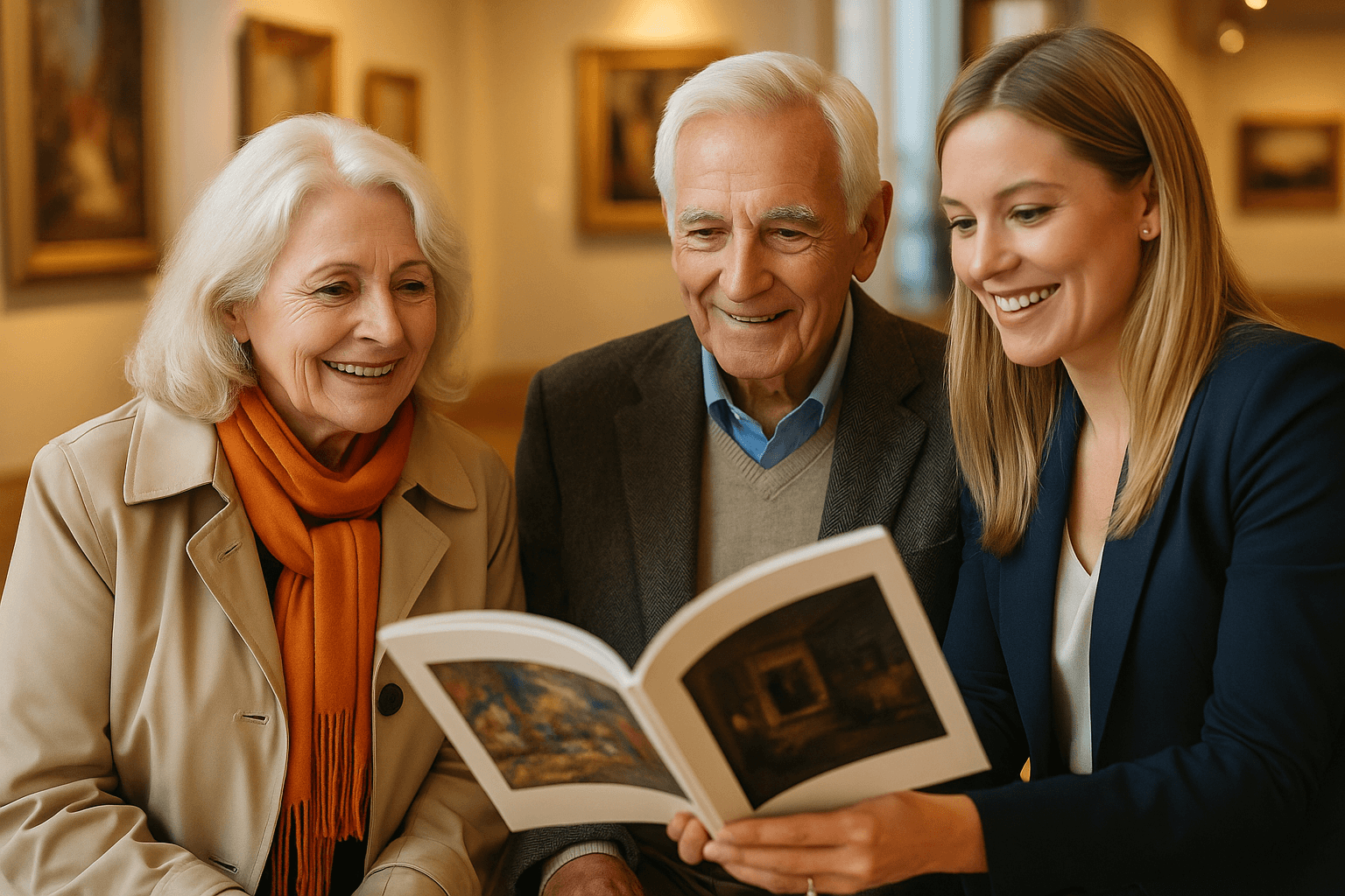Professional lifestyle coordinator helping Caucasian senior couple plan cultural activities in Victoria BC art gallery