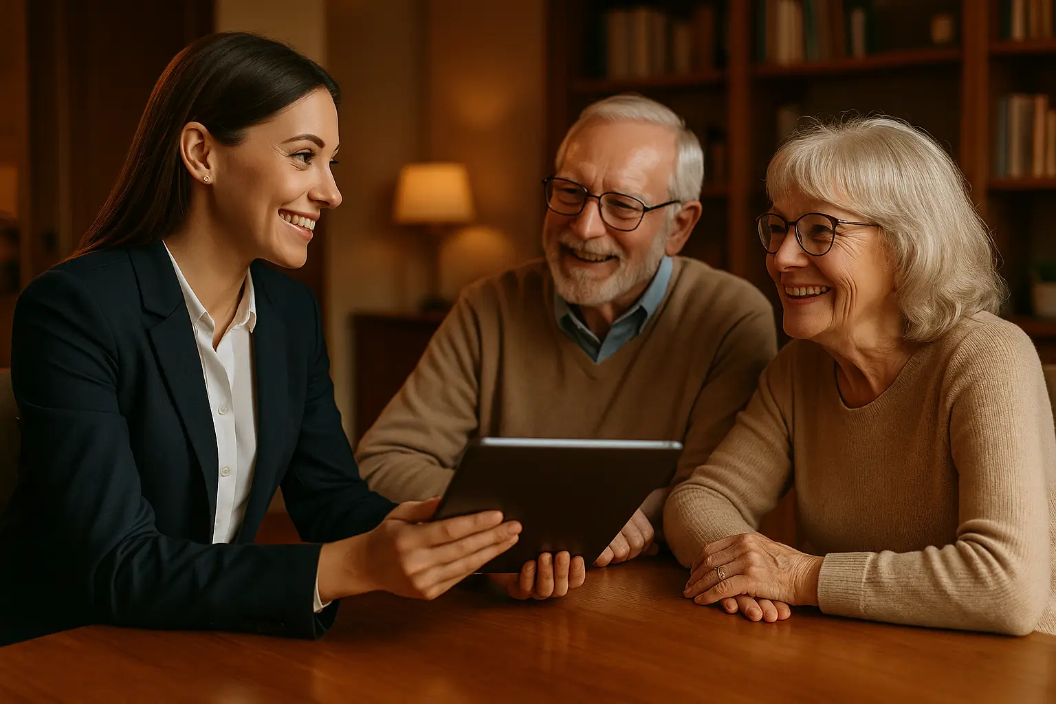 Professional personal concierge consultant meeting with senior couple in Victoria BC home discussing errand coordination and daily task assistance services