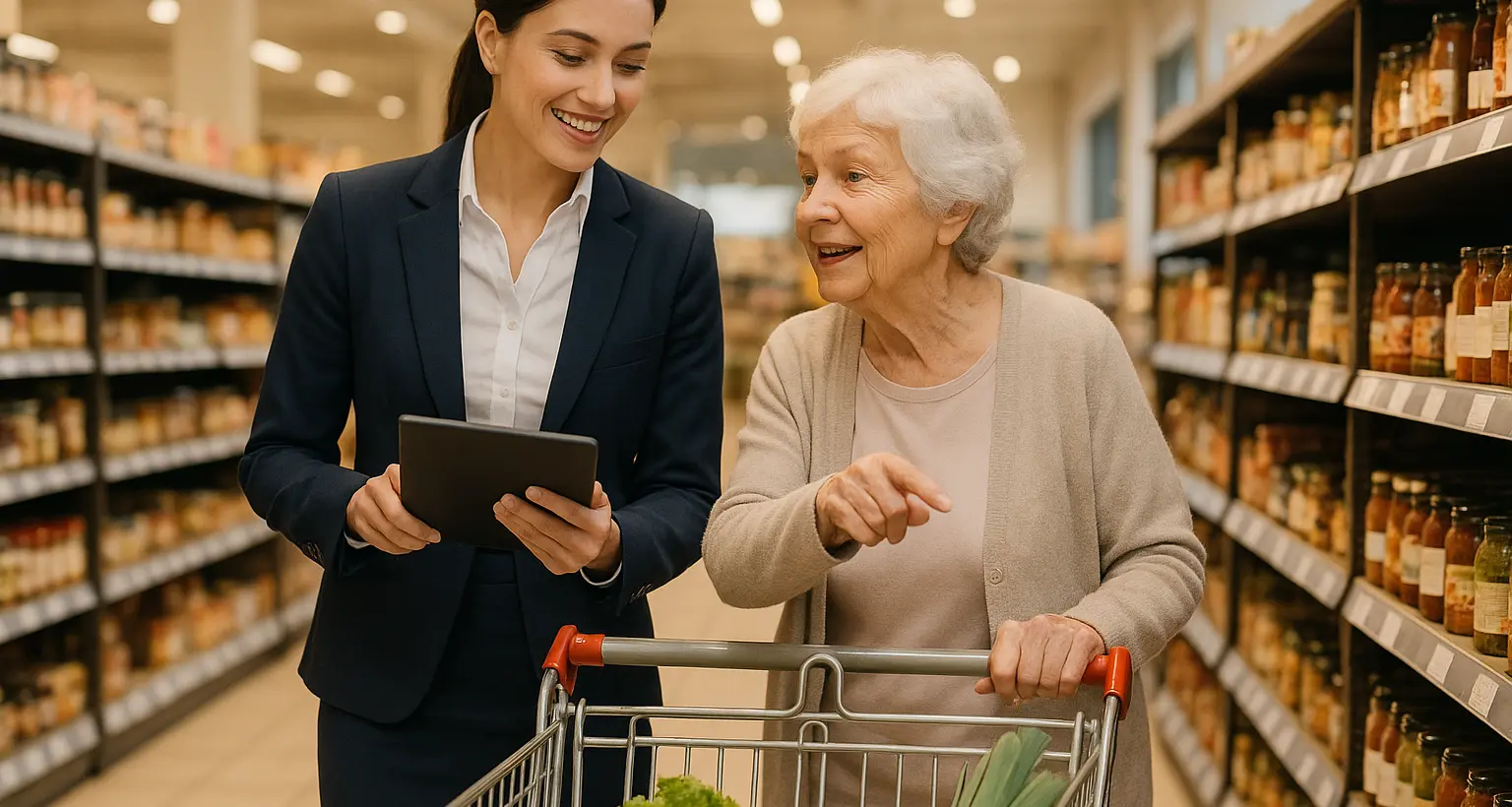 Professional personal assistant helping elderly senior woman with grocery shopping in Victoria BC store, showing personal concierge errand services