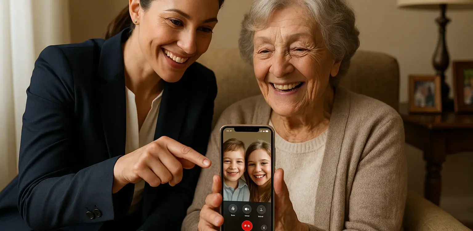 Senior smartphone video calling support Victoria BC - professional caregiver helping elderly grandmother with iPhone FaceTime call to grandchildren - executive assistant services seniors