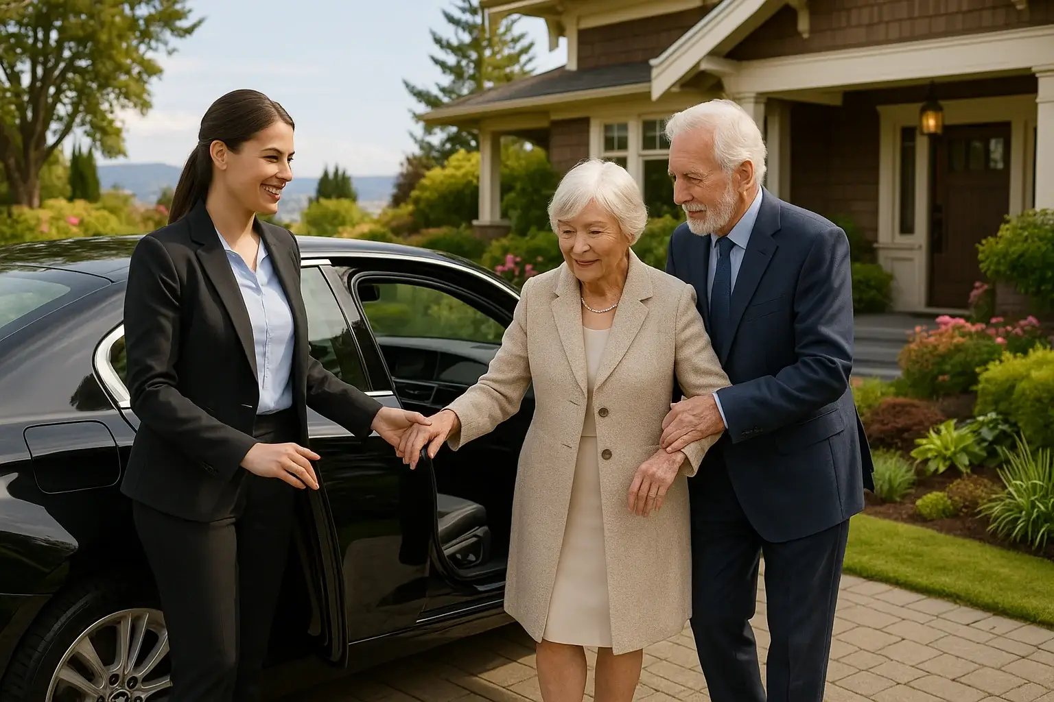Professional senior transportation services Victoria BC - caring caregiver helping elderly couple into luxury vehicle at beautiful Victoria home