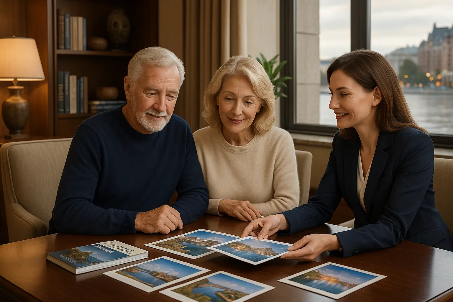 Senior couple with professional travel concierge coordinator planning luxury cultural travel experiences in Victoria BC