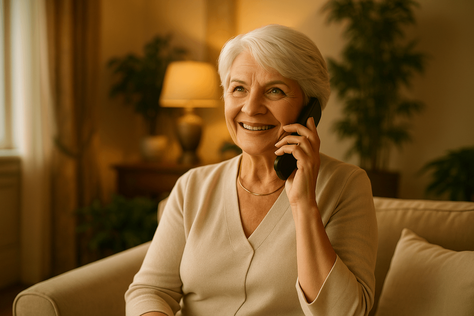 Senior woman enjoying wellness care call in comfortable Victoria BC home - Executive Home Care services