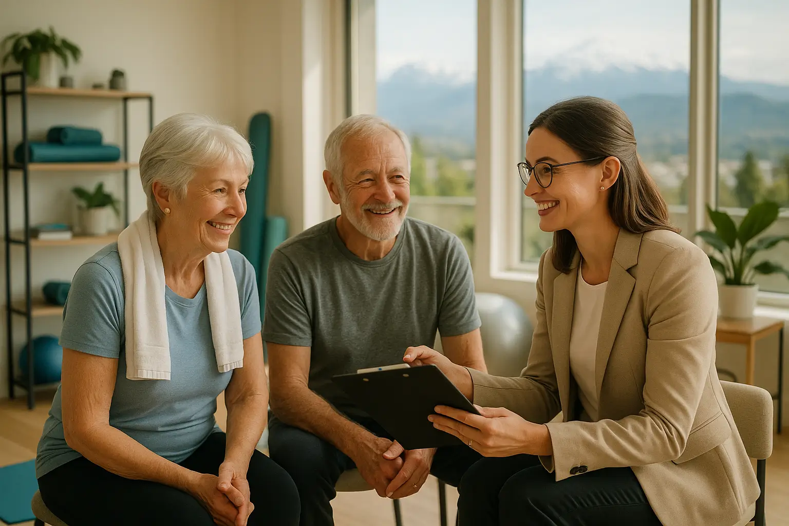 Professional senior wellness and fitness coordination consultation in Victoria BC - wellness coordinator meeting with active senior couple in modern wellness center
