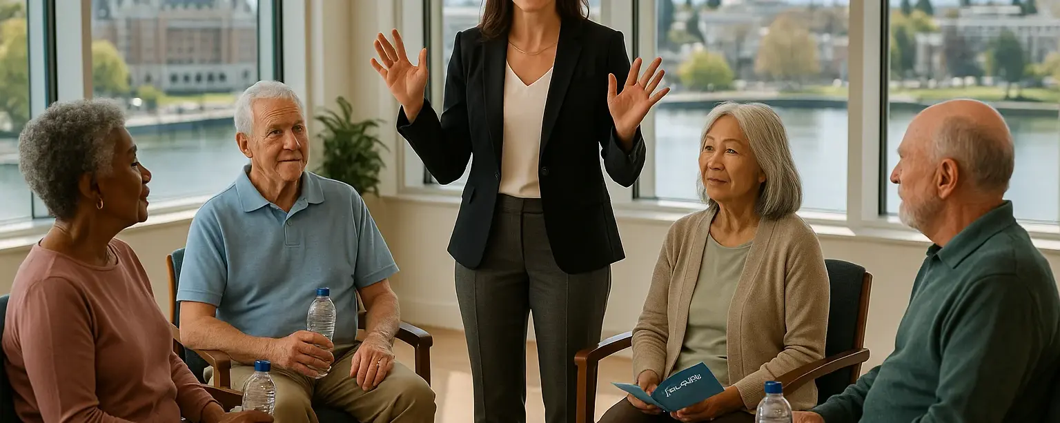 Senior wellness group coordination Victoria - wellness coordinator leading diverse group of seniors in wellness discussion at community center