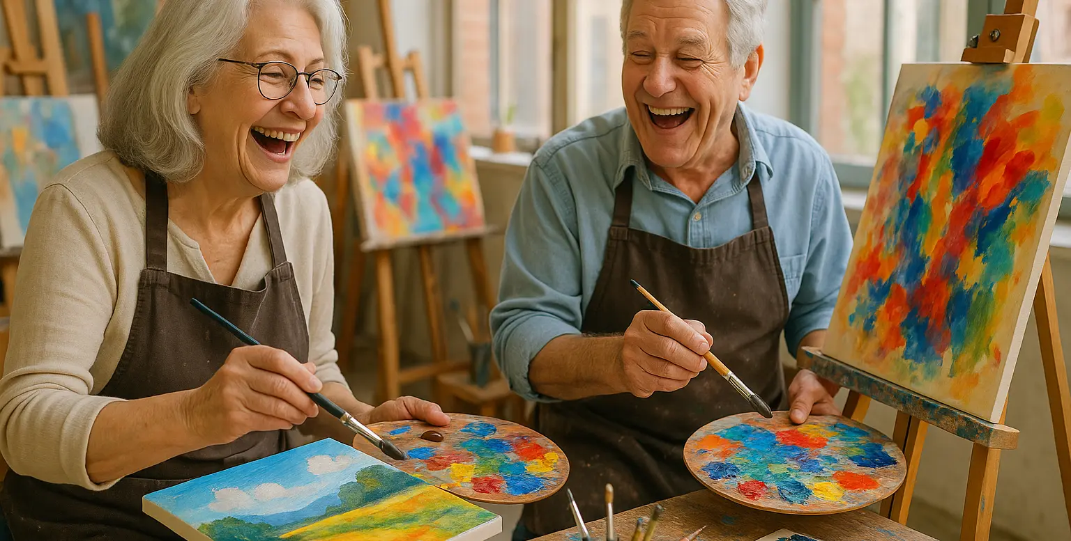 Joyful seniors laughing while painting in bright art studio, fulfilling lifelong dream of learning creative arts