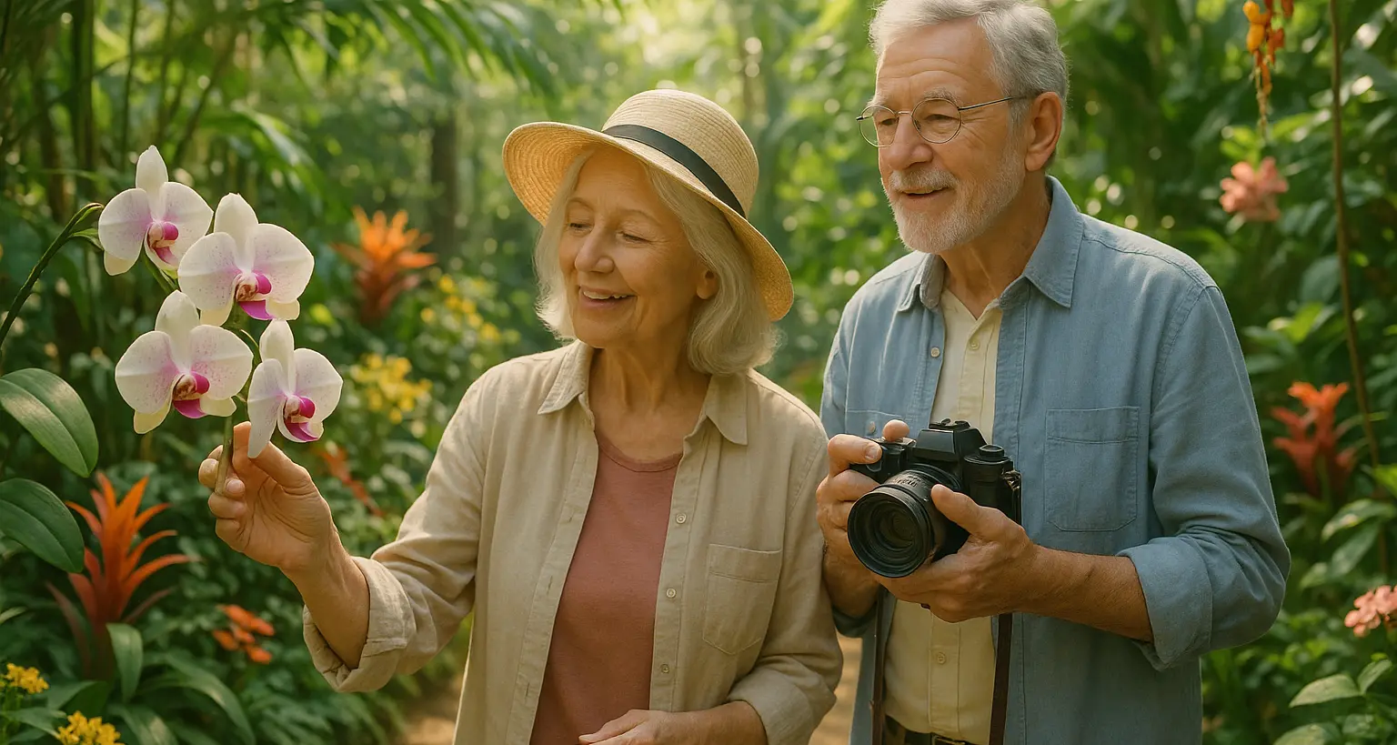 Peaceful seniors exploring exotic orchids and tropical plants in magnificent botanical garden paradise