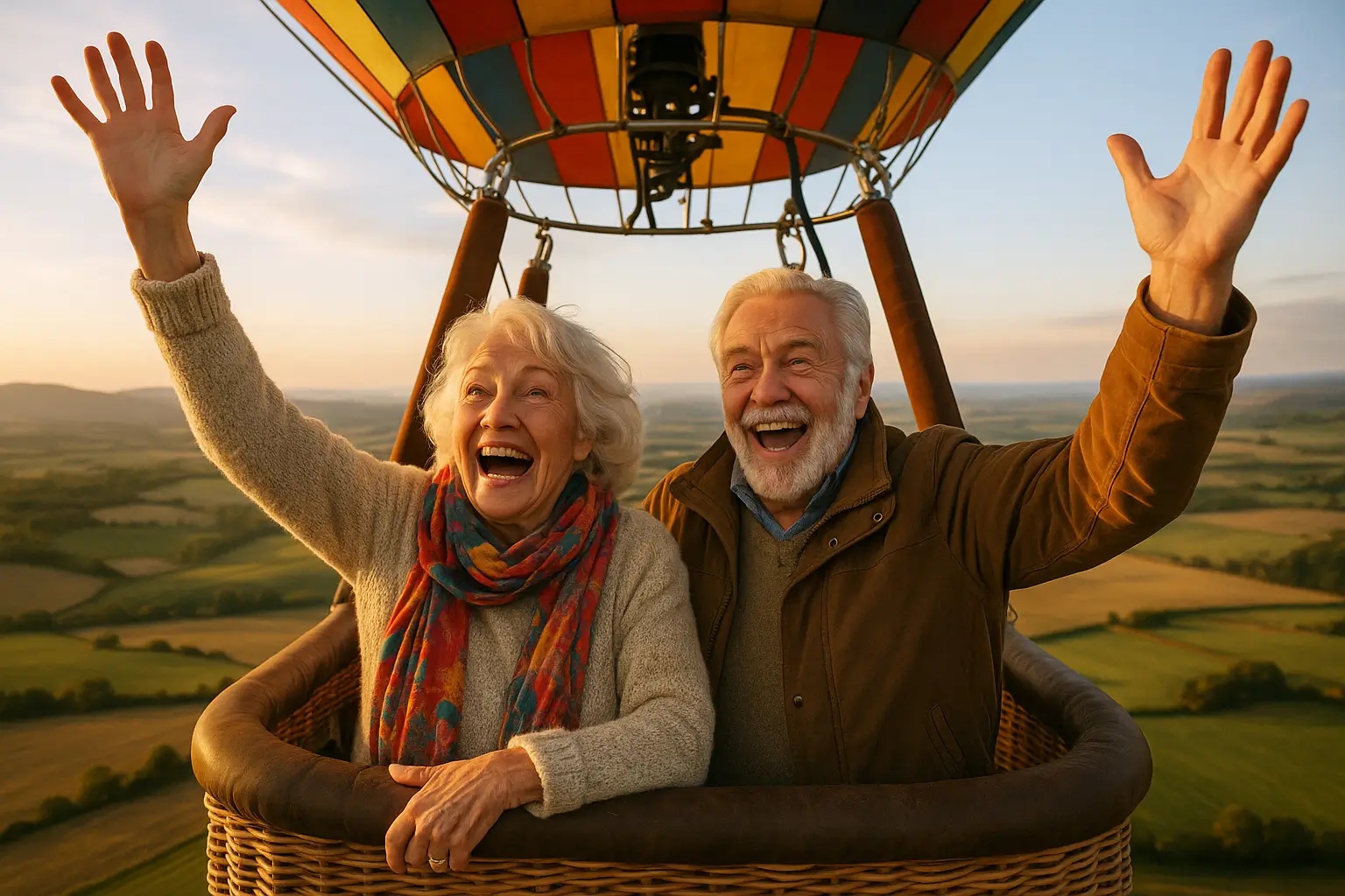 Excited Caucasian elderly couple with arms raised celebrating hot air balloon ride over beautiful countryside landscape