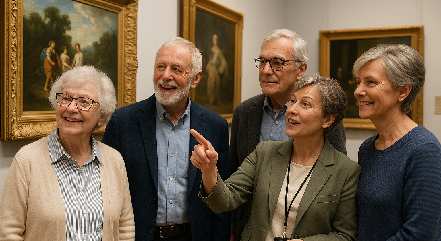 Group of seniors enjoying guided cultural experience at Victoria BC museum with professional coordination