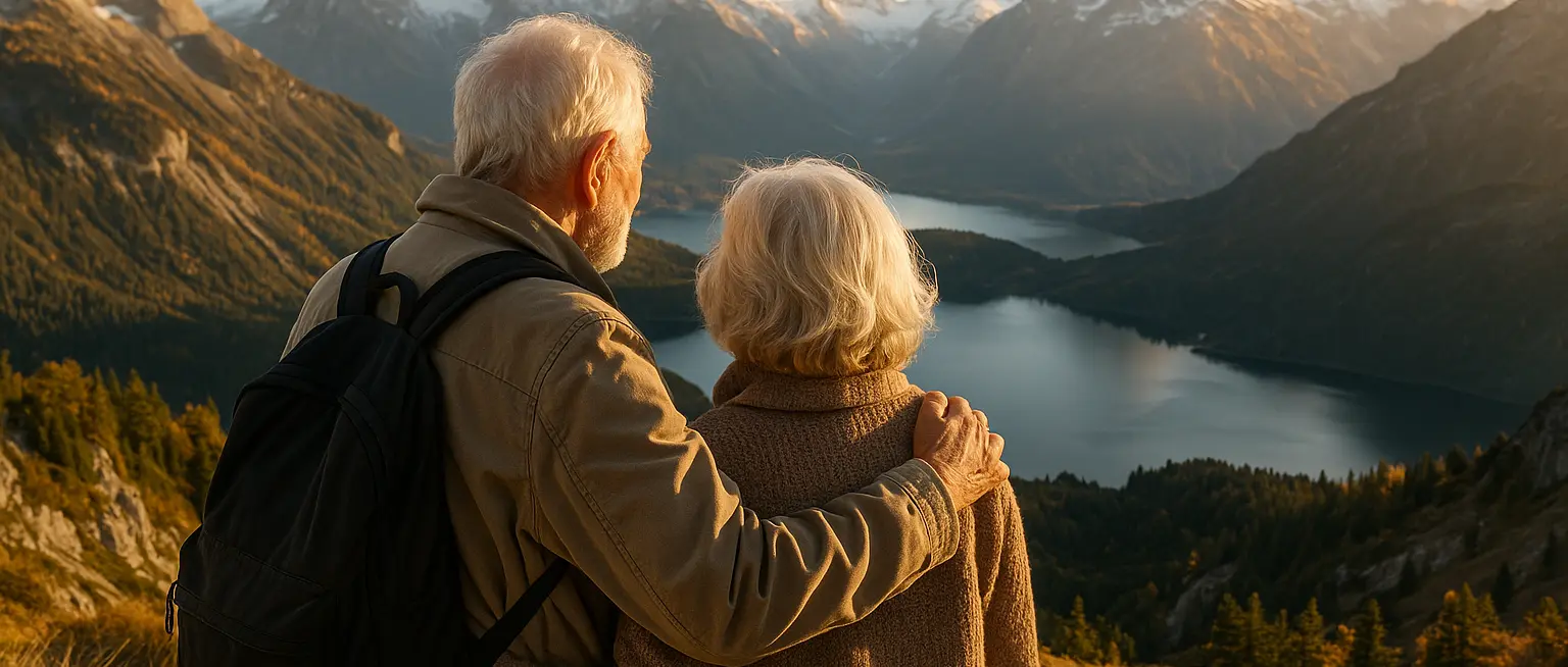 Senior couple enjoying breathtaking mountain vista with snow-capped peaks and alpine lake during luxury travel experience