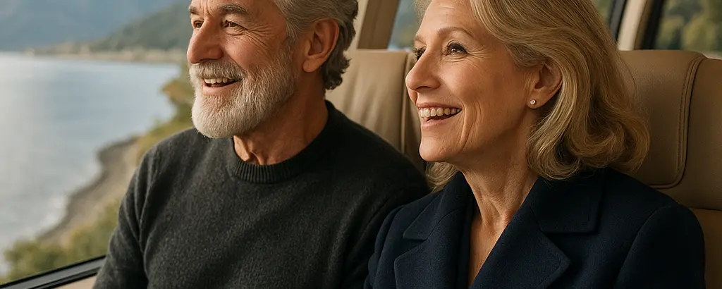 Distinguished senior couple enjoying luxury scenic transportation with breathtaking mountain and lake views during premium travel experience