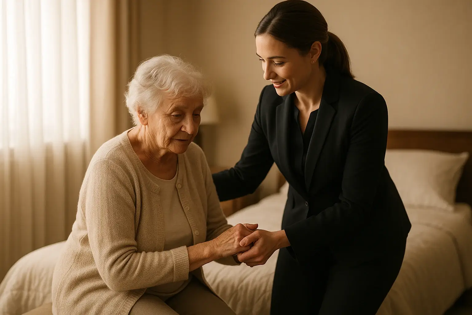 Professional caregiver providing short-term live-in care to senior woman in comfortable bedroom setting in Victoria BC